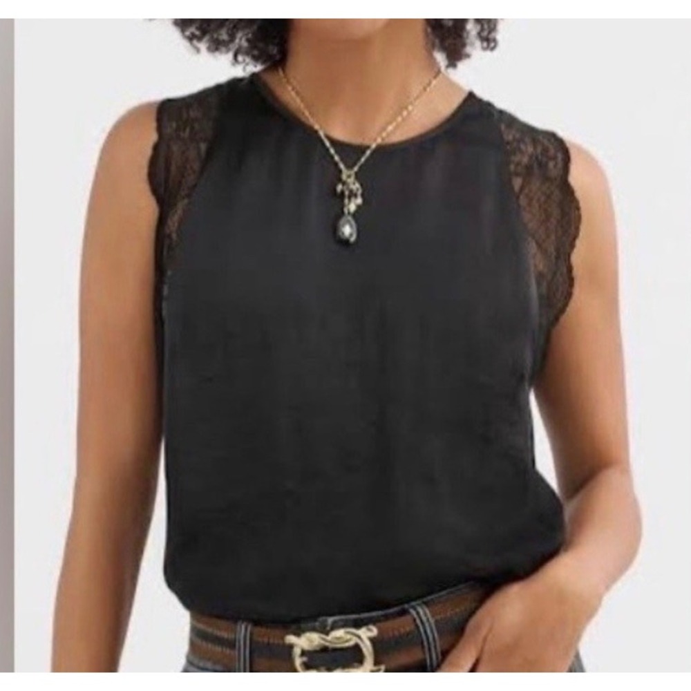 Cabi Black Satin Lace Blouse L Romantic Feminine Capsule Wardrobe Dark Academia - Picture 12 of 12